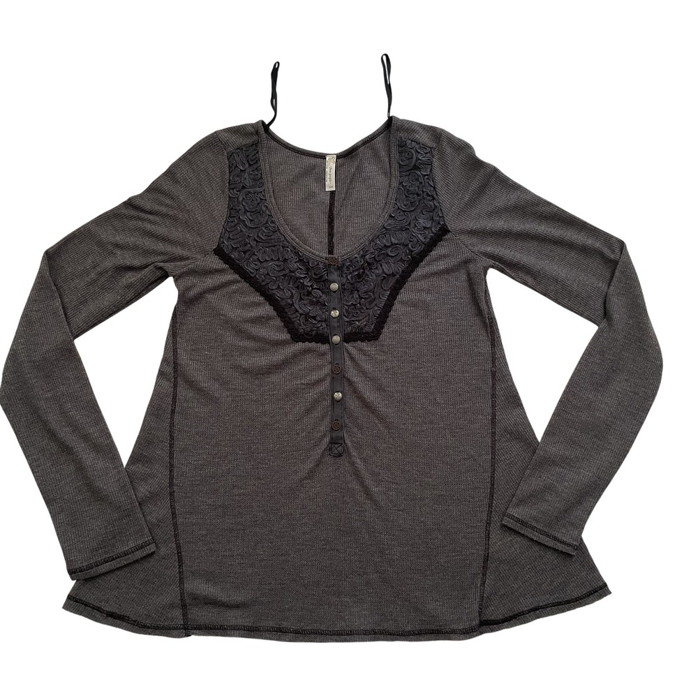Free People Womens Large Waffle Thermal Henley Lace Gray Bella Swan Twilight Y2K